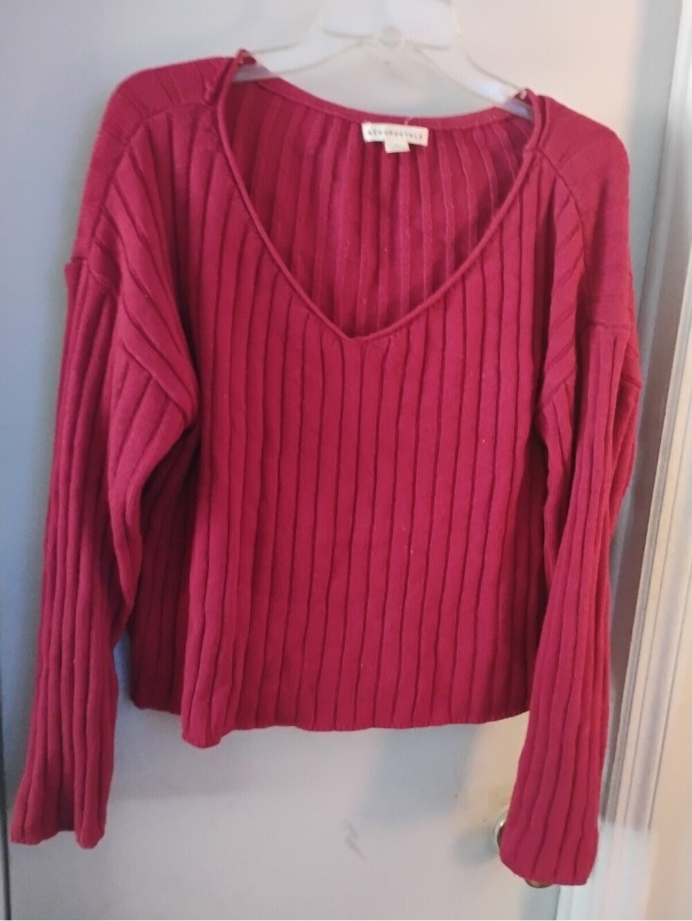 Aeropostale Medium Red Ribbed V-Neck Sweater